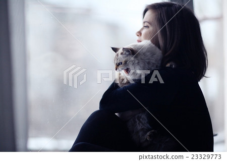 Girl with a cat in the window 23329773