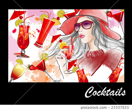Young pretty woman with hat having a cocktail Young pretty woman with hat having a cocktail 23337833