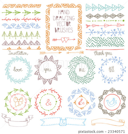 Hand drawn brushes, wreath frame set.Colored 23340571