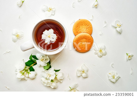 Tea cup with Jasmine flowers and biscuits on white Tea cup with Jasmine flowers and biscuits on white 23359001