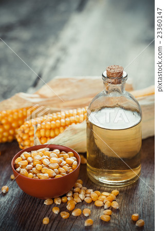Corn oil bottle, seeds in bowl and corncobs Corn oil bottle, seeds in bowl and corncobs 23360147