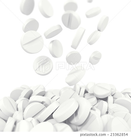 Round white pills falling down isolated on white 23362854