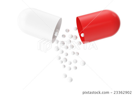 Opened red white pill capsule with white granules 23362902