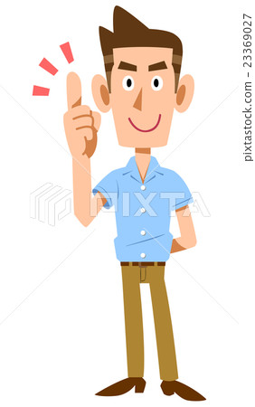 A young man with a short-sleeved shirt stands the index finger 23369027