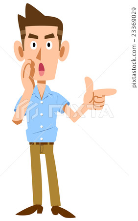 A young man with a short-sleeved shirt fingers and whispers 23369029