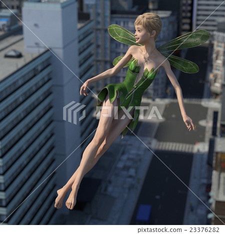 在城市天空中飛行的仙女perming3DCG插圖素材 23376282