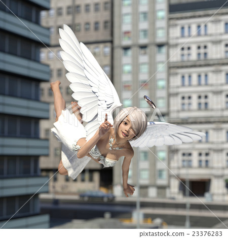 Angel who fly in the sky of the city - Stock Illustration