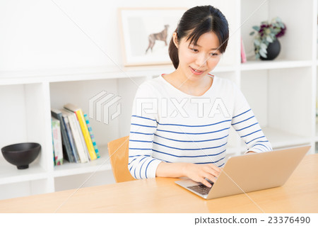 一位女士在客廳使用電腦 一位女士在客廳使用電腦 23376490