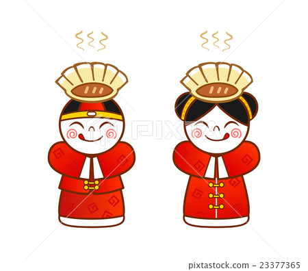 中國傳統服飾的孩子用餃子在他們的頭上 中國傳統服飾的孩子用餃子在他們的頭上 23377365