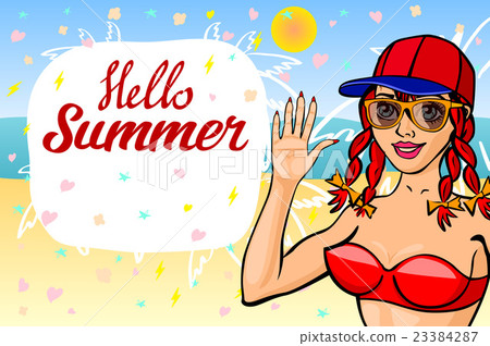 Hello summer lettering and Woman Sitting Hello summer lettering and Woman Sitting 23384287