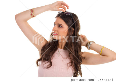 Lady is touching glasses. Lady is touching glasses. 23384421