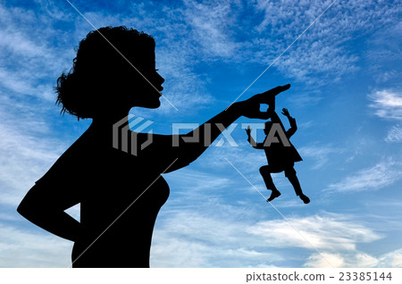Silhouette feminist holding a small man. Silhouette feminist holding a small man. 23385144