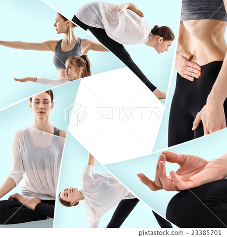 Yong woman and her daughter doing yoga exercises Yong woman and her daughter doing yoga exercises 23385701