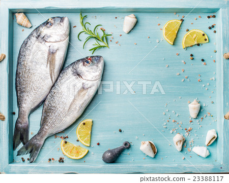 Fresh raw sea bream fish decorated with lemon 23388117