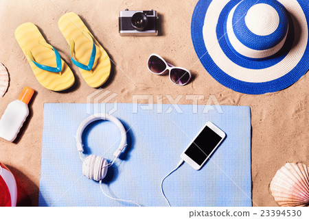 Summer vacation composition. Sandals, hat and Summer vacation composition. Sandals, hat and 23394530