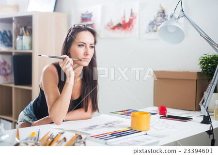 Side view portrait of a happy artist at the 23394601