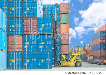 Forklift handling container box loading to depot 23396356