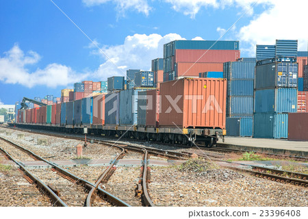 Cargo train platform with freight train container. 23396408
