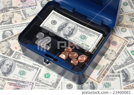 Open safe box with cash and coins.  23400061