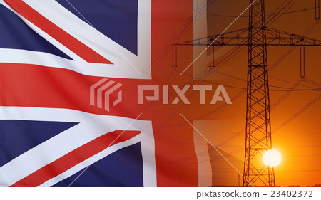 Energy Concept GreatBritain Flag sunset power pole Energy Concept GreatBritain Flag sunset power pole 23402372