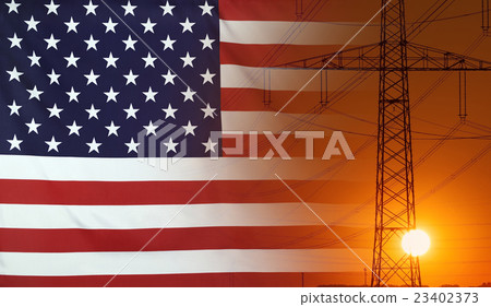Energy Concept USA Flag with sunset power pole Energy Concept USA Flag with sunset power pole 23402373