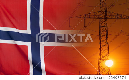 Energy Concept Norway Flag with sunset power pole Energy Concept Norway Flag with sunset power pole 23402374