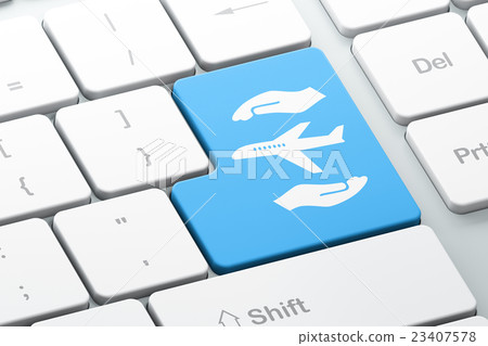 Insurance concept: Airplane And Palm on computer Insurance concept: Airplane And Palm on computer 23407578
