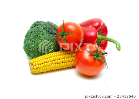 corn on the cob, broccoli, tomatoes and peppers  23412640