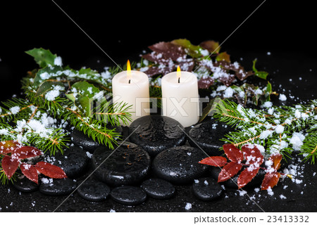 winter spa concept of zen basalt stones, evergreen 23413332