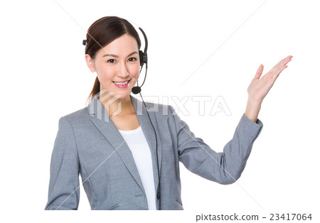 Customer services with headset and open hand palm 23417064