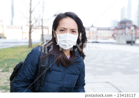 Woman wearing face mask at outdoor Woman wearing face mask at outdoor 23418117