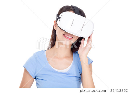 Woman experience though virtual reality device Woman experience though virtual reality device 23418862