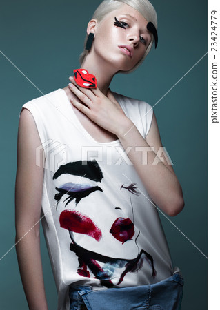 Fashionable girl: natural make-up, clothes with Fashionable girl: natural make-up, clothes with 23424779