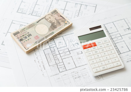House drawing and calculator and money white back House drawing and calculator and money white back 23425786