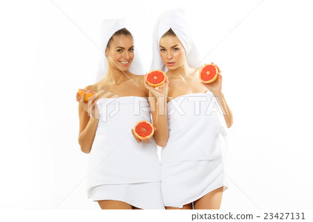 Two happy teen girl after shower 23427131