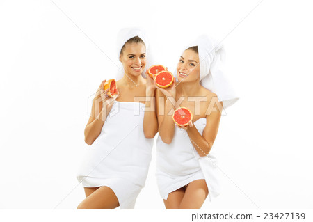 Two happy teen girl after shower 23427139