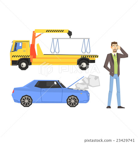 Evacuation Truck, Broken Car And Man Calling - Stock Illustration ...