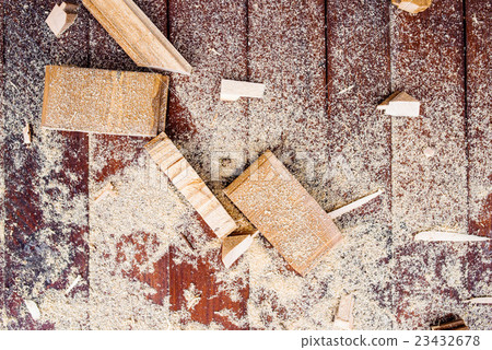 Close up of cutters of wood lying among sawdust 23432678