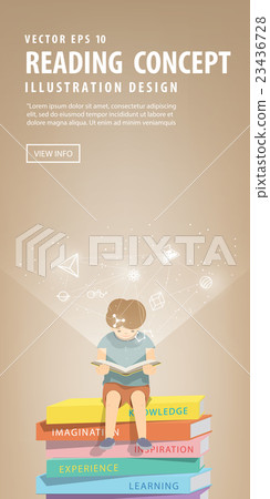 Boy reading a book on a pile of books and icons. 23436728