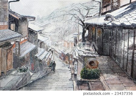 Hand-drawn watercolor painting of Sannenzaka in snowy Kyoto 23437356