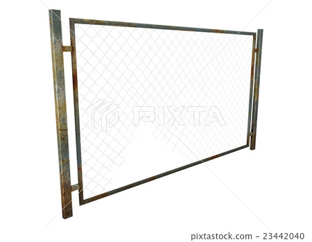 3d illustration of metal fence with rabitz. 3d illustration of metal fence with rabitz. 23442040