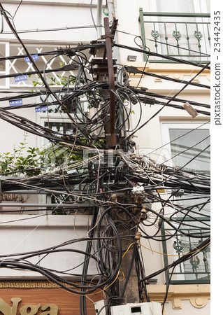 Electrical pole where electric wire of Hanoi in Vietnam was crowded 23442435
