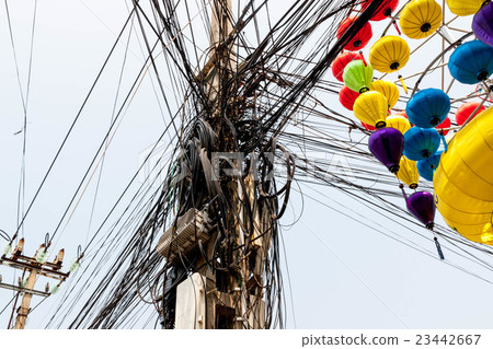 Telegraph pole where electric wire of Hoi An of Vietnam was mixed Telegraph pole where electric wire of Hoi An of Vietnam was mixed 23442667