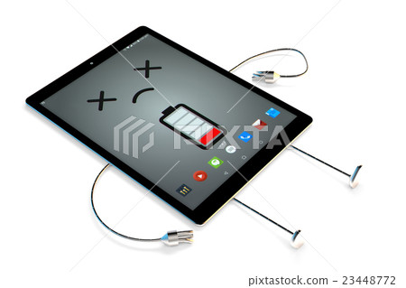 Tablet cartoon character. Low battery concept Tablet cartoon character. Low battery concept 23448772