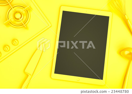 Tablet computer with blank screen on kitchen table Tablet computer with blank screen on kitchen table 23448780
