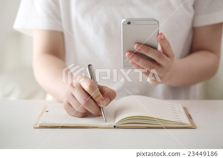 採取筆記的婦女，當觀看智能手機時 23449186