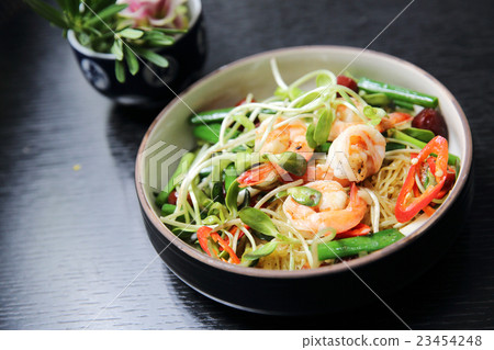 Chinese food shrimp and green vegetable with noodles 23454248