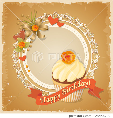 birthday card with meringue cake, ribbon and rose 23456729
