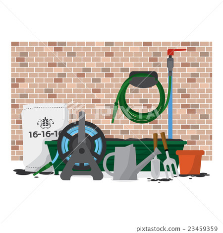 Garden Equipment In Front Of Brick Wall Vector. Garden Equipment In Front Of Brick Wall Vector. 23459359