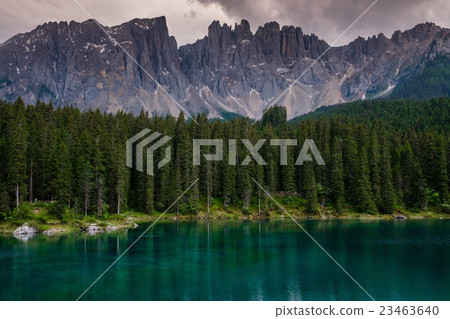 Amazing view of Lago di Carezza with wild mountain 23463640